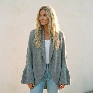 Anthropologie Bell Sleeve Ruffle Cocoon Cardigan Grey Cozy Sleeping on Snow